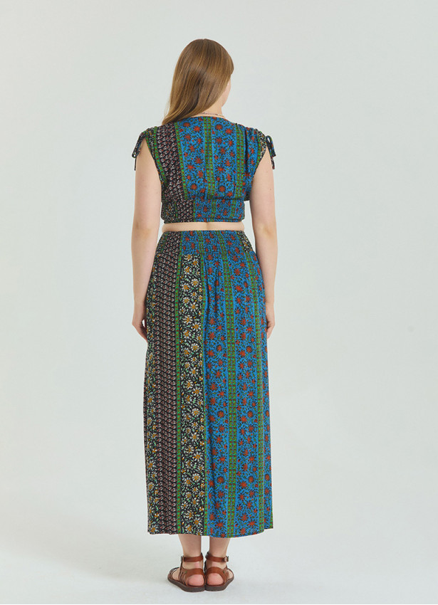 Navy Blue Plus Size Skirt with Elastic Waist and Slit 4625